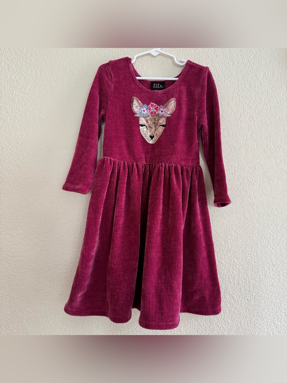 Lilt Pink Dress Soft Ribbed Velour Embroidered Floral & Sequin Reindeer 6X
